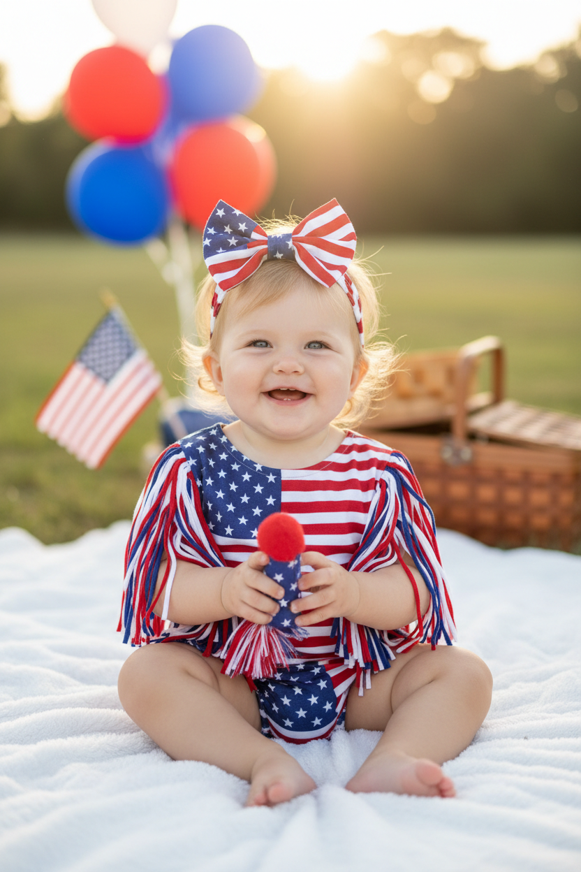 4Th of July Toddler Baby Girl American Flag Tassel Romper with Headband